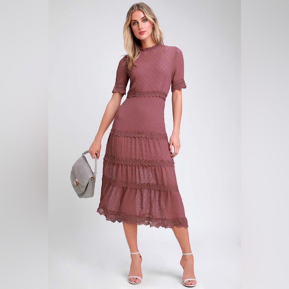 Lulus Dreaming Of You Mauve Purple Swiss Dot Midi Dress